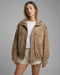 Damen Bomberjacke mit langen Ärmeln und Taschen in Hellbraun
