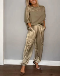 Amelia | Zwei-Teile Set mit Bluse und Cargo-Hose, Chic in Gold