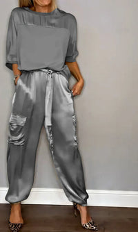 Amelia | Zwei-Teile Set mit Bluse und Cargo-Hose, Chic in Grau